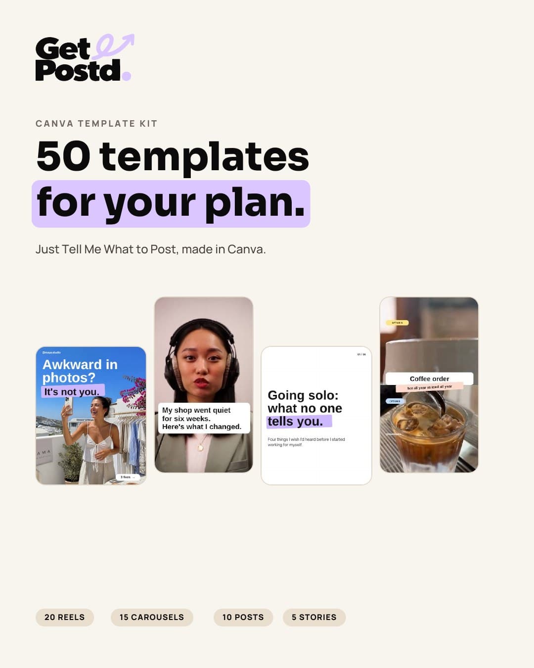 Cover of the Canva Template Kit: 50 templates for your plan, with four example posts