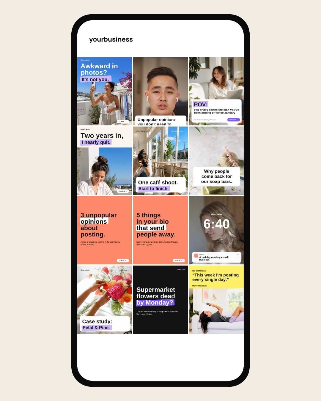 An Instagram grid filled with posts made from the Canva Template Kit