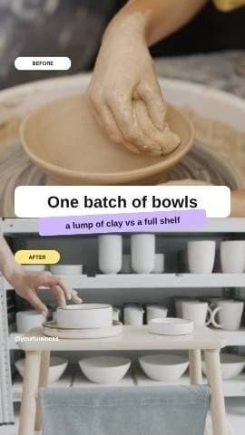 Before-and-after Reel: hands shaping clay, then a shelf of finished bowls