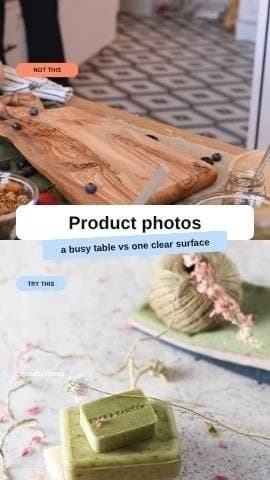 Split-screen Reel: product photos on a busy table versus a clear surface