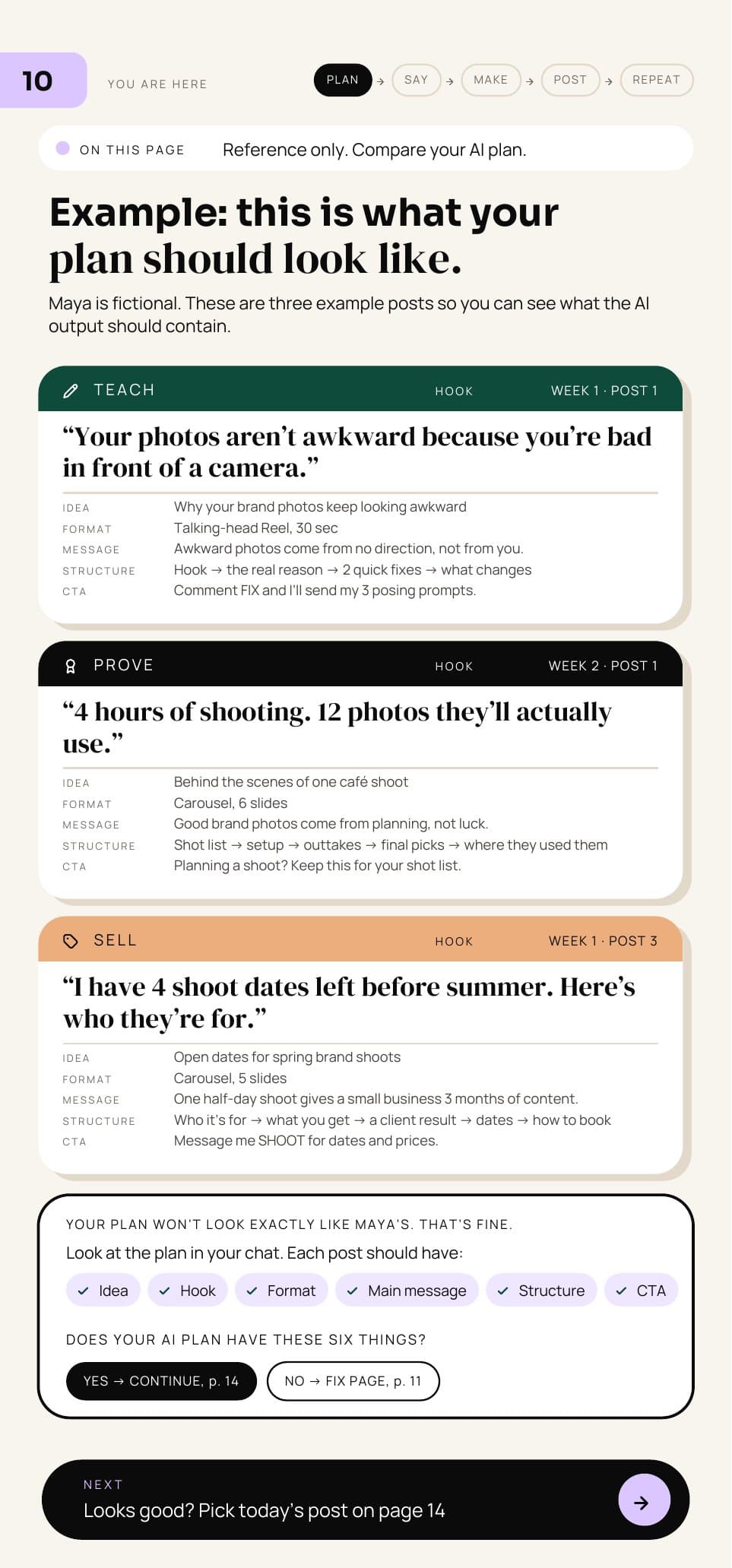 Example plan page with three sample posts and their hooks, formats and structure